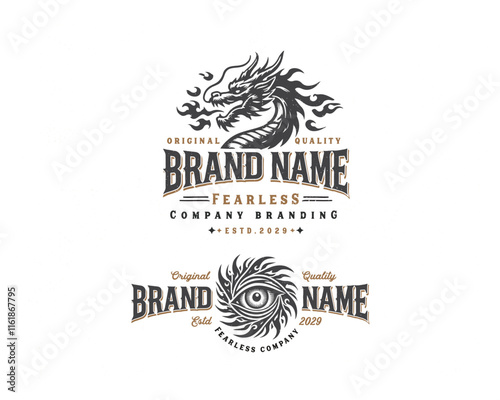 Vintage classic mythological beast dragon fire illustration logo for business company