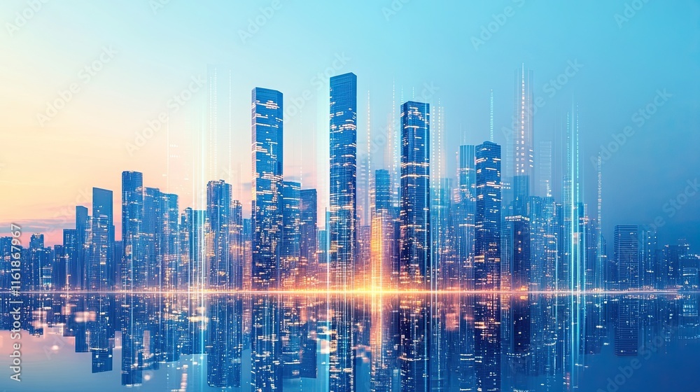 Fototapeta premium Economic growth represented by skyscrapers rising from bar graphs.