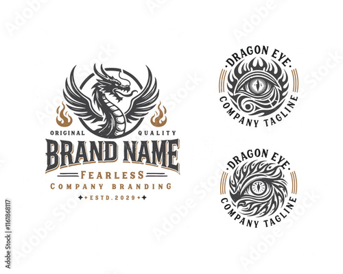 Vintage classic mythological beast dragon fire illustration logo for business company