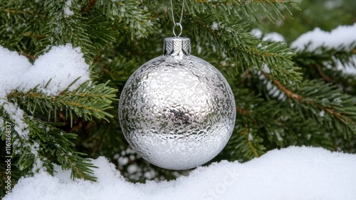 Silver Ornament Hangs On Snowy Evergreen Branch