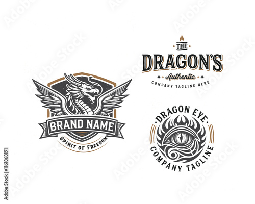 Vintage classic mythological beast dragon fire illustration logo for business company