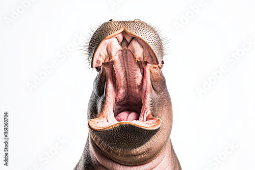 Hippopotamus with mouth open wide on a white background, adding a sense of humor photo