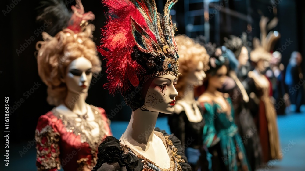 Row of mannequins in elaborate theatrical costumes and headwear, backstage. Row of mannequins in elaborate theatrical costumes and headwear, backstage.