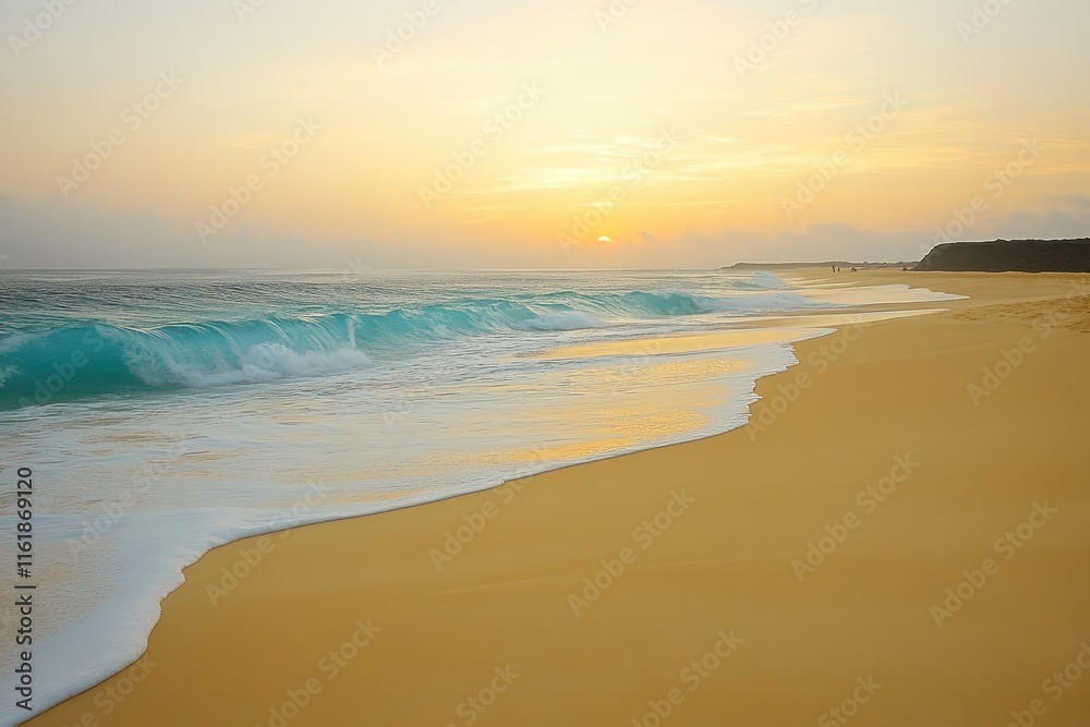 Sunset over ocean waves on sandy beach. Sunset over ocean waves on sandy beach.
