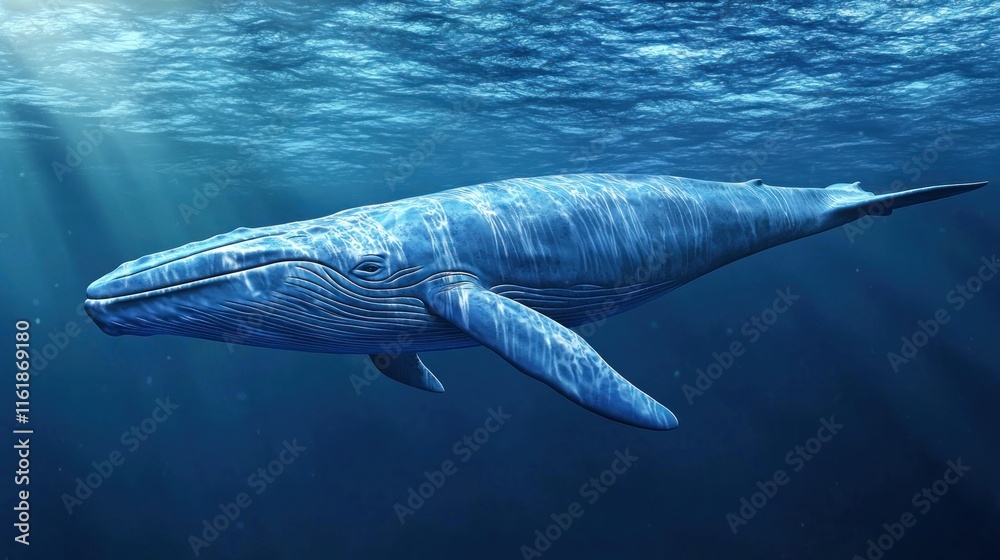 Obraz premium A blue whale swimming near the ocean's surface.