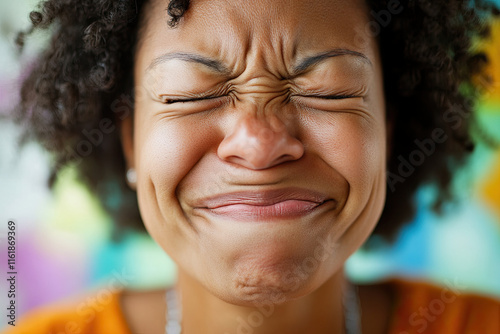 Close-up of a woman scrunching her nose and smiling with squinty eyes photo