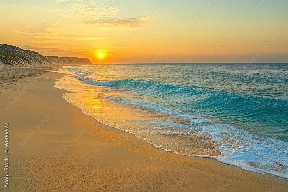 Golden sunrise over tranquil ocean beach. Golden sunrise over tranquil ocean beach.