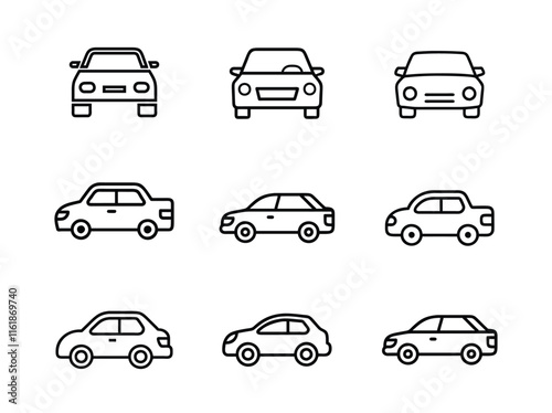 Set of line silhouette car icon illustration. car silhouette on white background. Vehicle icons set  side and front view.