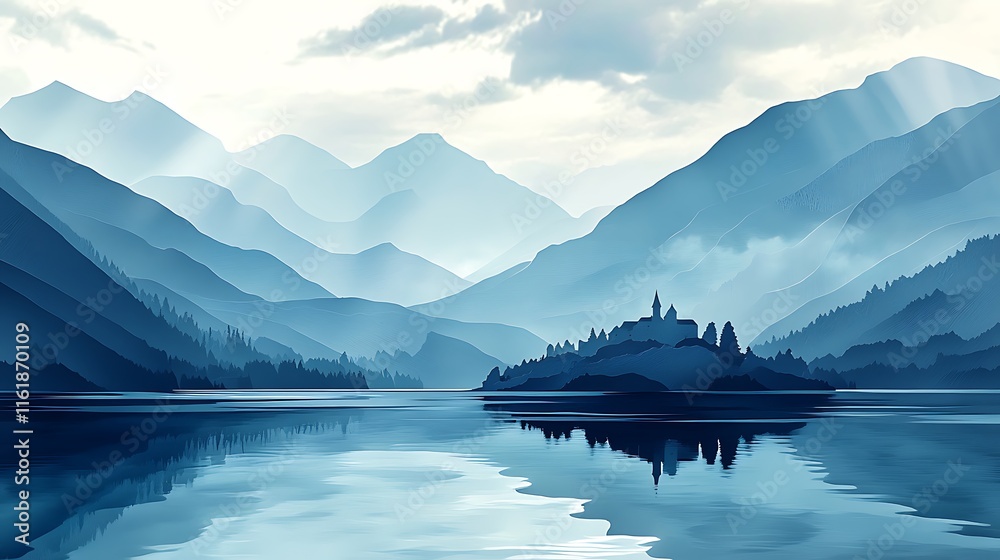 Fototapeta premium Serene Mountain Lake Castle Scenic View