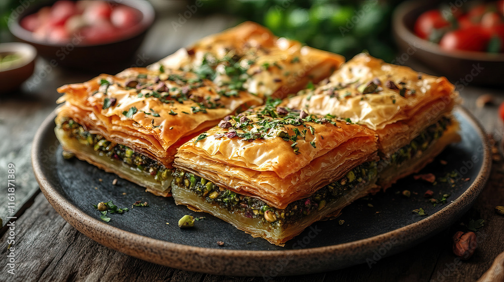 Delicious baklava with pistachio served on a plate.