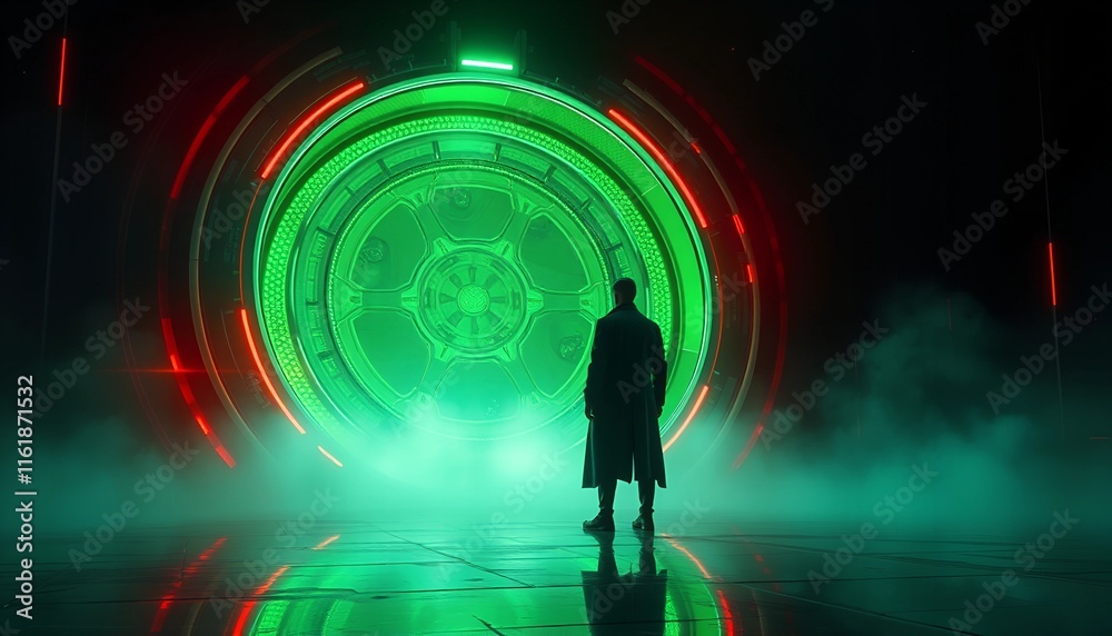 Abstract Journey: Figure Silhouetted in a Radiant Green and Red Passageway Abstract Journey: Figure Silhouetted in a Radiant Green and Red Passageway