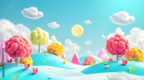 Whimsical 3D Illustration of a Colorful Fantasy Landscape with Clouds and Sun