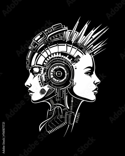 Cyborg woman profile, futuristic design, black and white illustration. photo