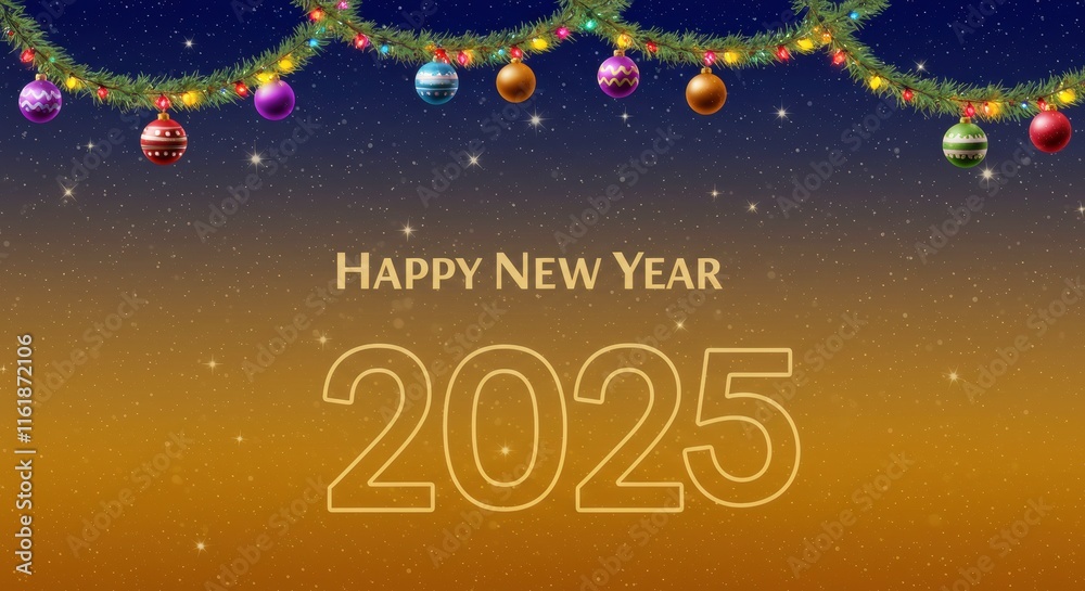 New Year's Eve 2025: A shimmering, starry backdrop with a festive garland and New Year's Eve 2025: A shimmering, starry backdrop with a festive garland and