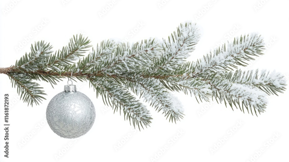 Snow Covered Pine Branch With Silver Ornament Snow Covered Pine Branch With Silver Ornament