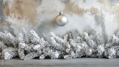 Silver Ornament Hanging Above Snowy Pine Branches