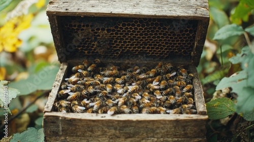 A wooden beehive filled with busy bees, showcasing nature's pollinators at work. photo