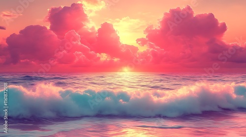 Pink Sunset Ocean: Romantic Waves and Cloudy Sky photo