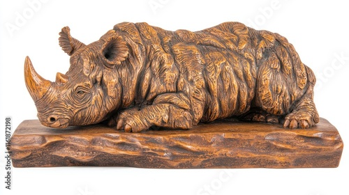 Intricately carved wooden rhino sculpture resting on a wooden base, showcasing detailed textures and craftsmanship. photo