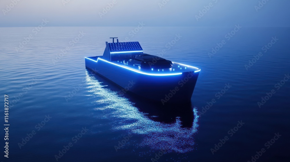 Fototapeta premium Futuristic cargo ship with blue neon lights sailing on calm sea at night.