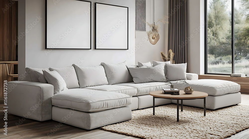 Fototapeta premium Modern living room interior design with sectional sofa, coffee table, rug, and large window.