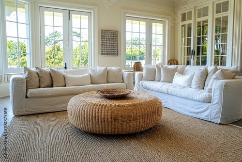 Bright sunlit living room with two white slipcovered sofas and a large woven coffee table. photo