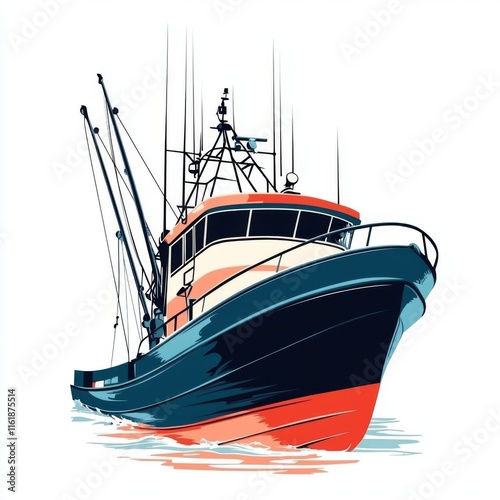 Vibrant Fishing Boat Illustration on Calm Waters with Detailed Rigging and Reflection for Nautical or Maritime Themes photo