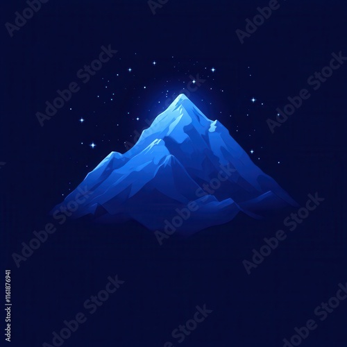 Glowing blue mountain peak at night with stars.