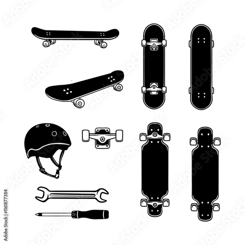 Collection of Skateboard and Longboard Illustrations with Accessories

