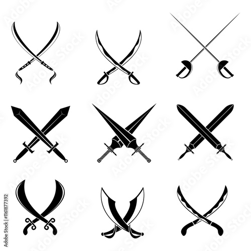 Set of Nine Icon Designs Depicting Different Styles of Crossed Swords