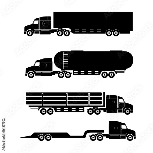 Black Silhouette Set of Different Types of Trucks Isolated on White Background