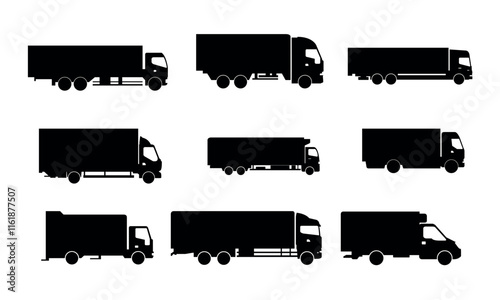 Black Silhouette Set of Different Types of Trucks Isolated on White Background
