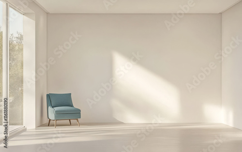 Bright and airy modern room with a single blue chair and ample natural light