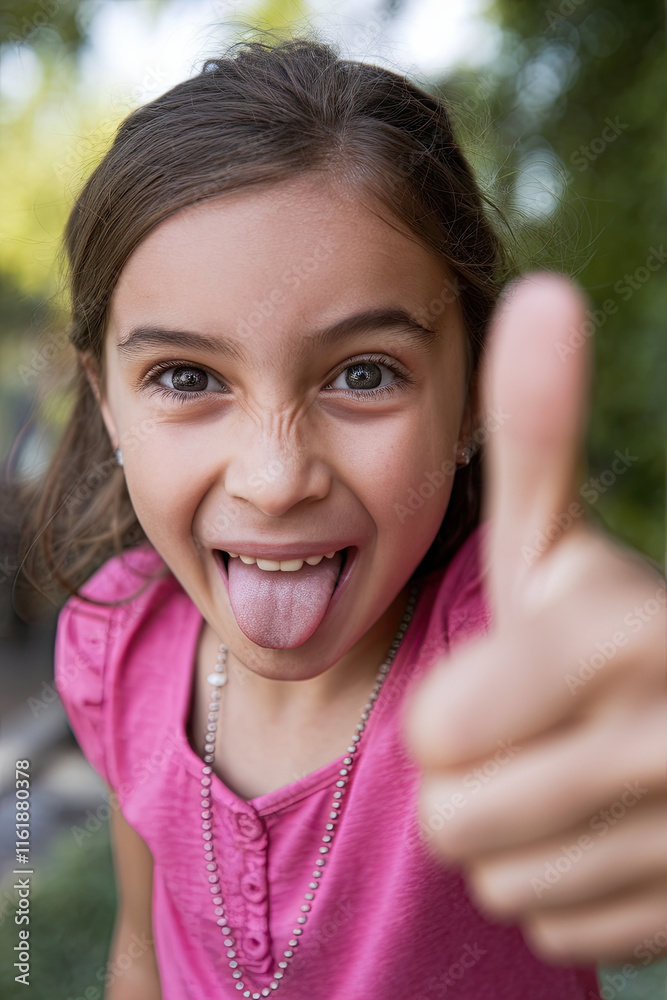 Girl sticking her tongue out while giving a thumbs-up, capturing playful energy Girl sticking her tongue out while giving a thumbs-up, capturing playful energy