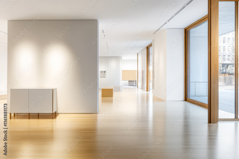 Modern art gallery showcasing minimalist design with natural light and wooden accents Modern art gallery showcasing minimalist design with natural light and wooden accents