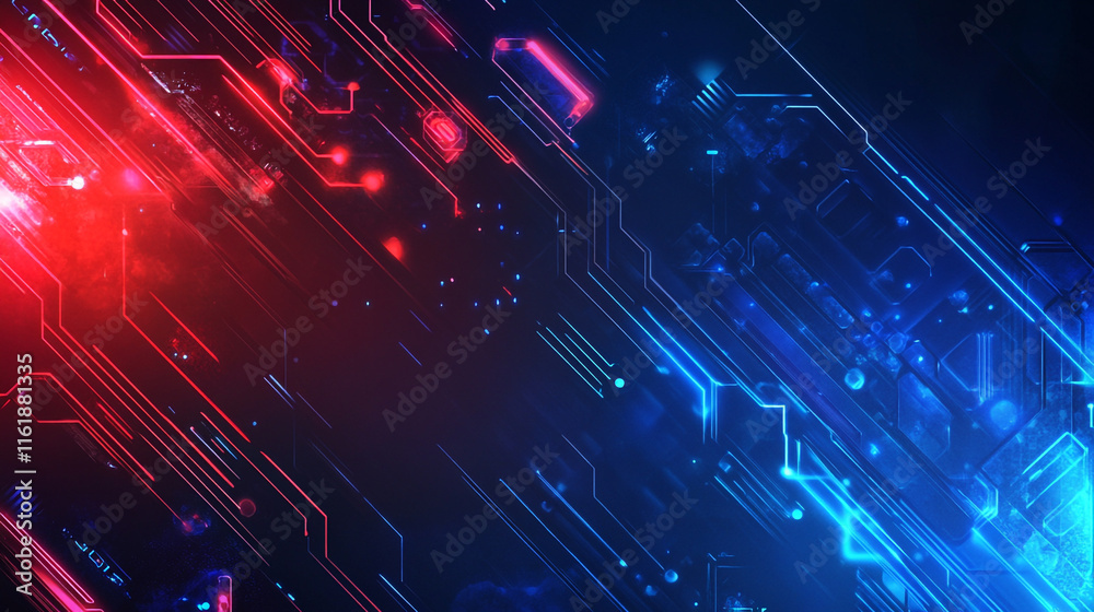 Abstract Digital Circuitry: Red and Blue Neon Lines, red technology background Abstract Digital Circuitry: Red and Blue Neon Lines, red technology background