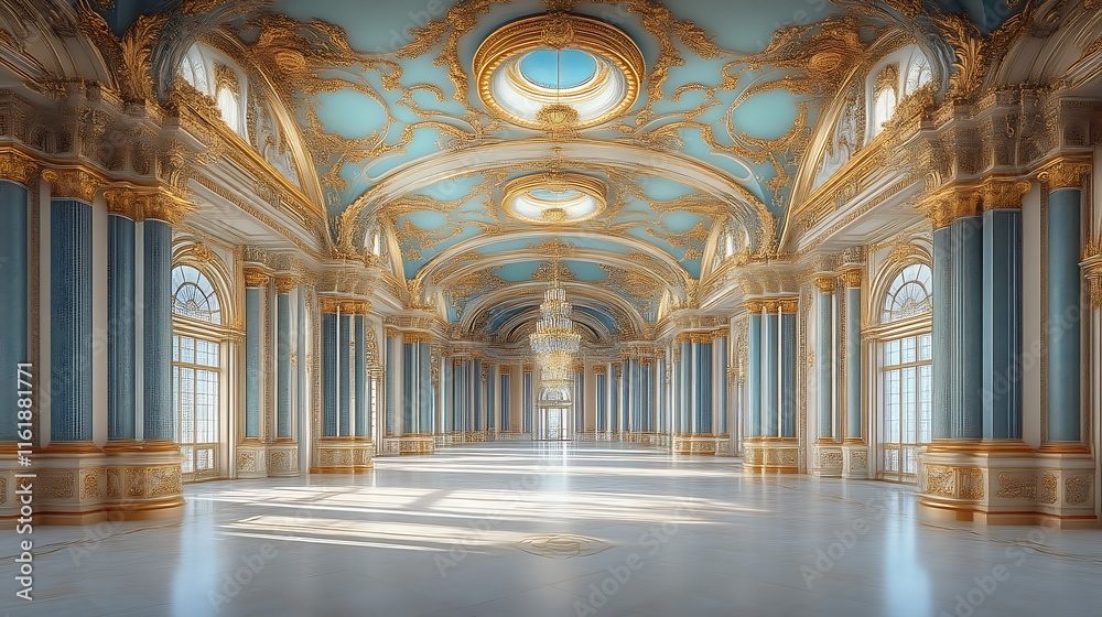 Obraz premium Elegant Grand Hall with Blue and Gold Decor