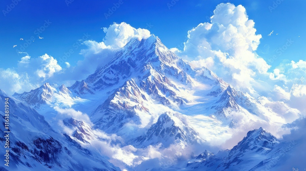 Obraz premium Majestic snow-capped mountain peak piercing through fluffy white clouds under a vibrant blue sky.