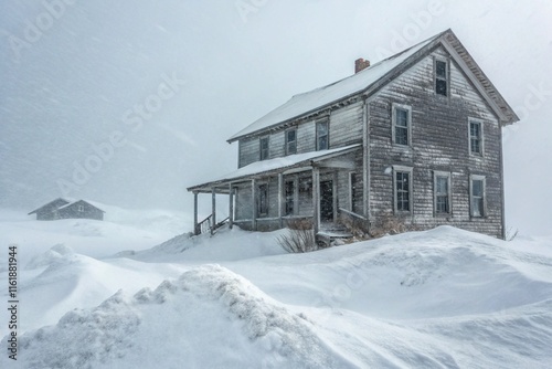 A Lone, Dilapidated Farmhouse Braving the Blizzard, Its Windows Obscured by Ice with Snowdrifts Piled High, Capturing a Hyperrealistic Sense of Isolation and Struggle
