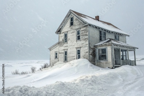 Icebound Solitude: A Dilapidated Farmhouse Against the Blizzard's Might, Embraced by Snowdrifts, Windows Veiled in Frost, A Hyperrealistic Depiction of Isolation and Endurance
