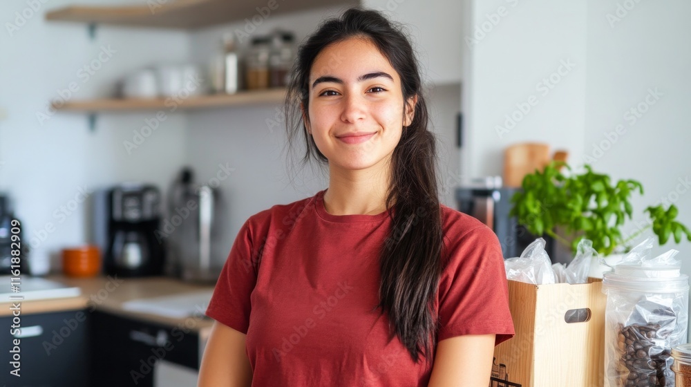 A woman in a red shirt is smiling in front of a kitchen counter A woman in a red shirt is smiling in front of a kitchen counter