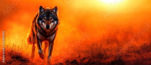 Majestic wolf walking towards the camera in a fiery sunset landscape.