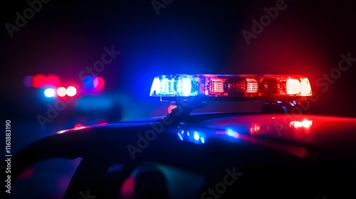 Police car chasing a car at night with fog background. 911 Emergency response police car speeding to scene of crime. Selective focus
