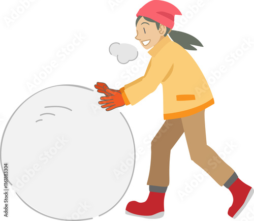 雪玉をころがす女性