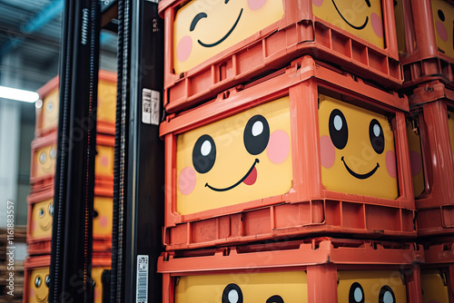 A forklift lifting cartoon crates with happy faces, stacking them into a neat pile photo