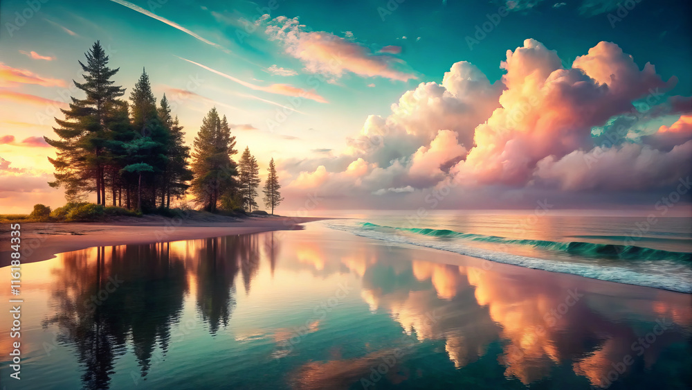 serene coastal landscape with vibrant clouds reflecting on water serene coastal landscape with vibrant clouds reflecting on water