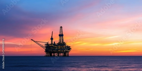 Offshore oil rig at sunset, ocean platform silhouette against vibrant sky.