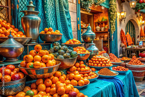 sun drenched marketplace filled with vibrant oranges and fresh produce