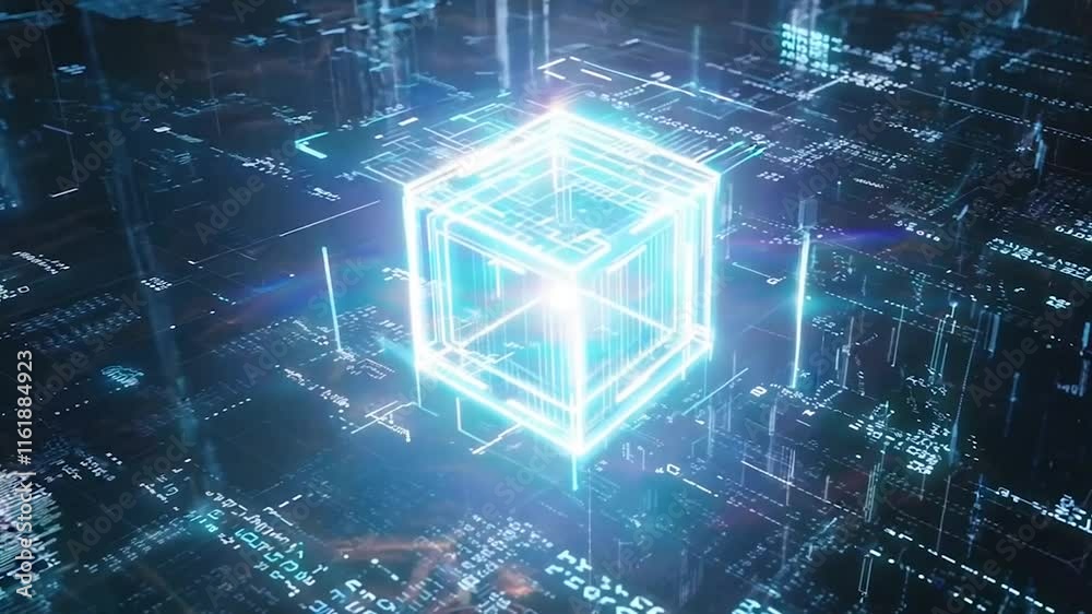 A series of vibrant, futuristic digital designs showcasing illuminated circuit boards and artificial intelligence concepts. The glowing blue and orange elements highlight advanced technology and data 