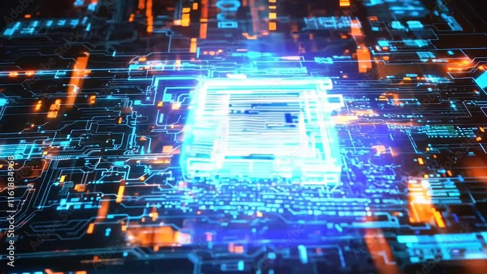 A series of vibrant, futuristic digital designs showcasing illuminated circuit boards and artificial intelligence concepts. The glowing blue and orange elements highlight advanced technology and data 